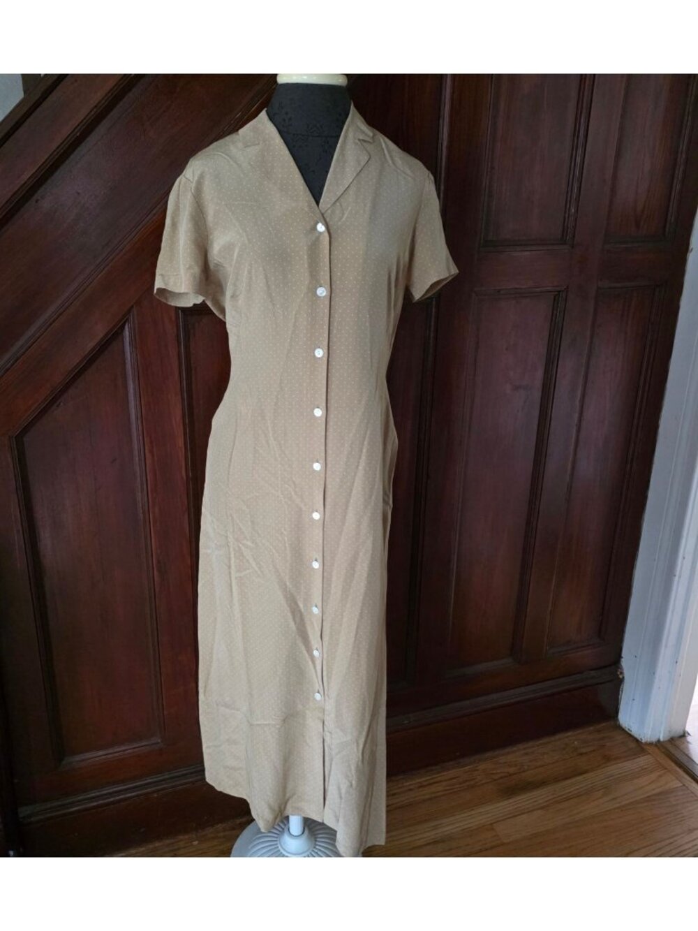 Brooks Brothers Beige Silk Polka Dot Button-Up Midi Dress Size 6